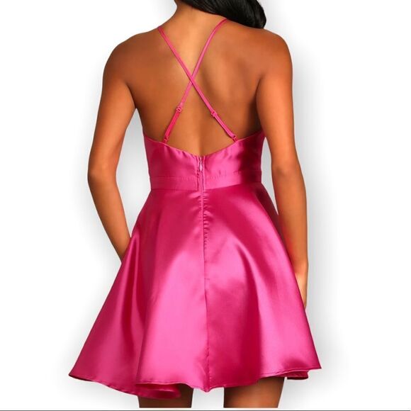 NWT Hot Pink Satin Plunge Skater Dress With Pockets - Picture 2 of 6